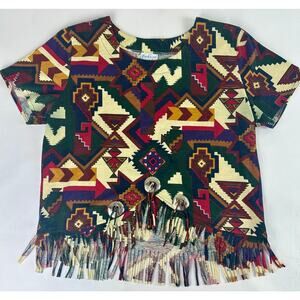 Vintage Southwestern Conch Shell Fringe Short Sleeve Shirt Cropped Size Medium